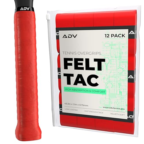 ADV Dry Tennis Overgrip Tape - 3, 6, 12, 30, 60 Pack - FeltTac Tennis Racket Grip Tape - Ultra Absorbent Tennis Grip Tape - Comfort Tennis Racket Grips - Tennis Grips Overgrip - color: 12-Pack Red