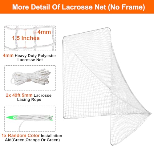 6x6x7’Lacrosse Replace Net,3.5mm/4mm/5mm Heavy Duty Lacrosse Net with 1x Installation Tool and 2x49ft Lacrosse Goal Net Lacing Rope,Multiple Size Lacrosse Nets for Backyard Practice or Competition - size: 4mm