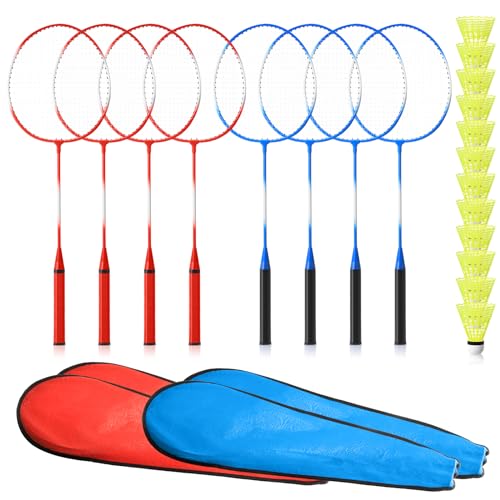 Woanger 8 Pack Badminton Rackets Set Including Badminton Racquets, Nylon Shuttlecocks and Carry Bag for Outdoor Backyard Games Beginners - color: Red & Blue