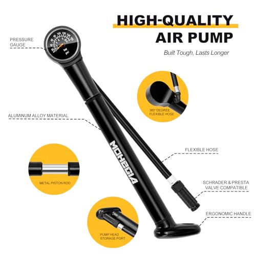 MOHEGIA Bike Frame Pump with Gauge: Protable Bicycle Pump 160 PSI - Fits Schrader & Presta Valve - Compact Mini & Durable Fast Inflation with Ball Pump Needles