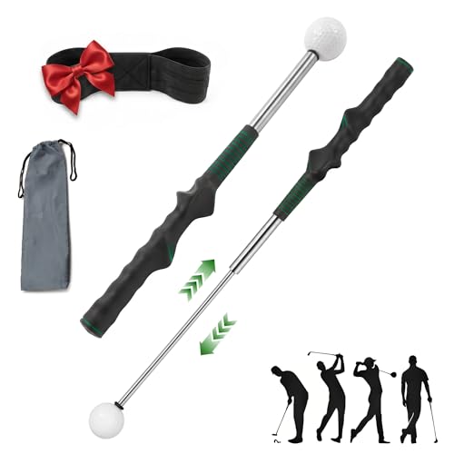 Retractable Golf Swing Trainer Aid with Grip Arm Band for Right -Handed Golfers, Grip Tempo Trainer, Click Feedback, Arm Correction Training Aid for Indoor Outdoor, Golf Practice Stick for Men