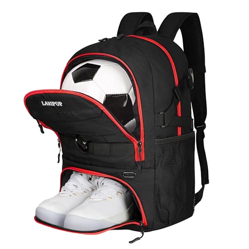 LARIPOP Soccer Backpack with Ball Holder & Shoe Compartment Large Capacity Youth Sports Bag for Training - color: Red