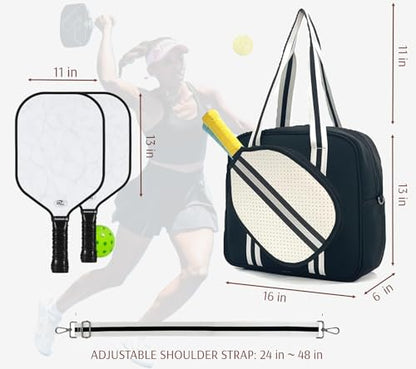 Pickleball Sports Tote Bag with Racket Holder, Neoprene, Adjustable Shoulder Strap - color: Black