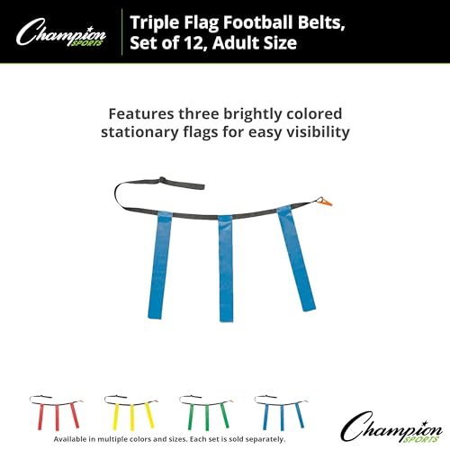 Champion Sports Quick Release Flag Football Set – Durable Belt, 3 Detachable Flags & Adjustable Fit (25”-50”) - color: Blue Flags, size: Small (25"-31")