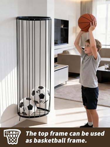 Garage Ball Storage Rack - Wall Mounted Ball Holder with Elastic Cords, Large Capacity Sports Organizer for Basketball, Soccer, Football, Volleyball, Black