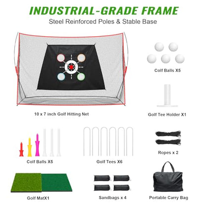 Golf Nets for Practice,10 x 7 FT Golf Hitting Net, Study Golf Chipping Net with Multi - Objective Target Cloth, Tri-Turf Mat and Another 20 accs, Easy to Set Up, Indoor/Outdoor Use, Garage/Yard Train