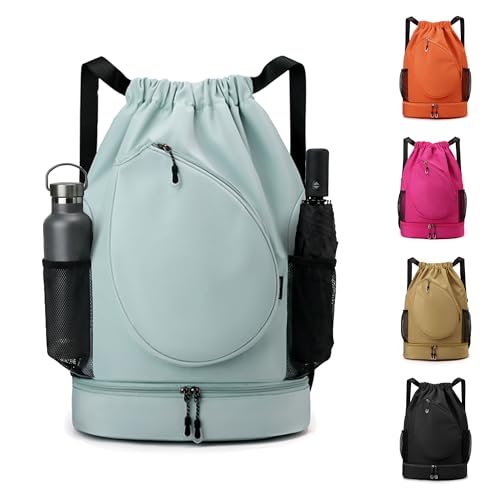 Sports Drawstring Backpack, Badminton Gym Bag Holds 2 Rackets with Shoe Compartment, Off-work, Everyday & Overnight Weekend - color: Light Blue