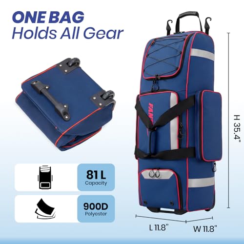81L Rolling Baseball Bag with Wheels, Softball Catchers Gear Bags for 4 Bats (Fits Up To 34"), Separate Shoe Compartment, Safety Reflective Strip, Fence Hook, Foldable T-Bag for Youth & Adult - color: Blue