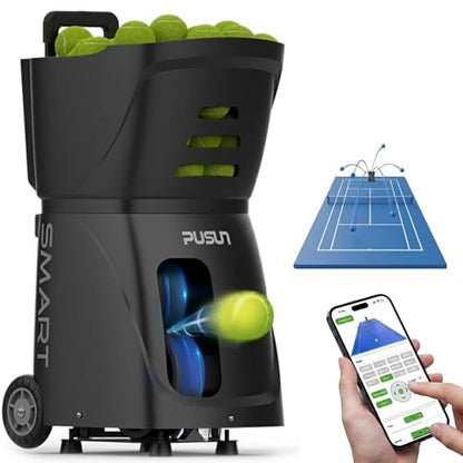 PUSUN｜PT-Smart Tennis Ball Machine: App Control with 12 Built-in Training Modes,6-Level Spin,28-Pt,75 MPH,32.6 lbs,100+ Ball,5H Battery, Portable, for Tennis/Padel,Training, Practice,Beginners to Pros - color: Black