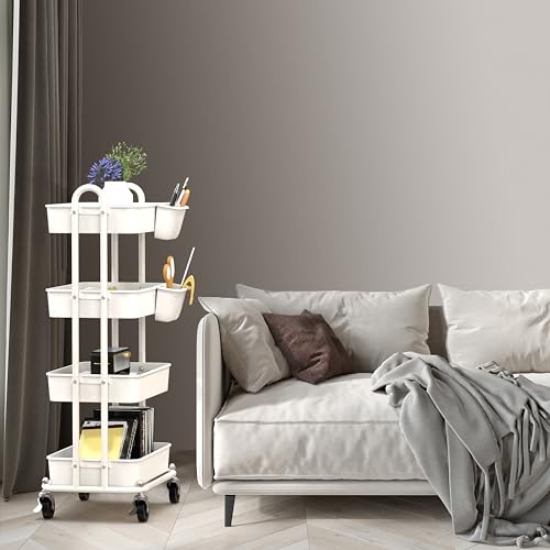 Simple Houseware 4-Tier Multifunctional Rolling Utility Cart with Hanging Buckets, White - color: White, size: 4-Tier