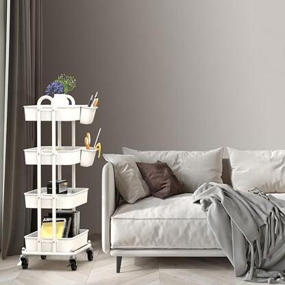 Simple Houseware 4-Tier Multifunctional Rolling Utility Cart with Hanging Buckets, White - color: White, size: 4-Tier