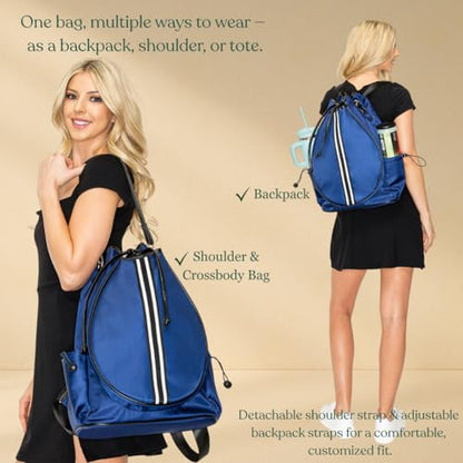 Tennis Bag for Women Racket Tote, Stylish Backpack - Unisex Racquet Sports Pickleball Bag Convertible Shoulder, Crossbody Strap Large Compartment - color: Backpack - Navy/Black Stripe
