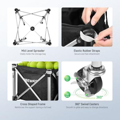 NEEWER Tennis Ball Hopper, Pickleball Retriever Collector Basket Cart Holder Tennis Court Equipment Accessory for Training Teaching - style: TB02X Bag w/Cart