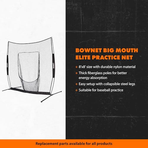 Bownet Big Mouth Elite Baseball & Softball Hitting Net – Heavy-Duty Portable 8' x 8' Batting Practice Net with Energy Absorption System – Includes Carry Bag for Indoor & Outdoor Use