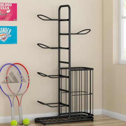 Multi-Function Sports Equipment Storage Racks - Adjustable and Durable Solutions for Organizing Balls, Toys, and Gear Indoors, in Garages, or Outdoors (5-tier-black-with Basket) - style: 5-tier-black-with Basket