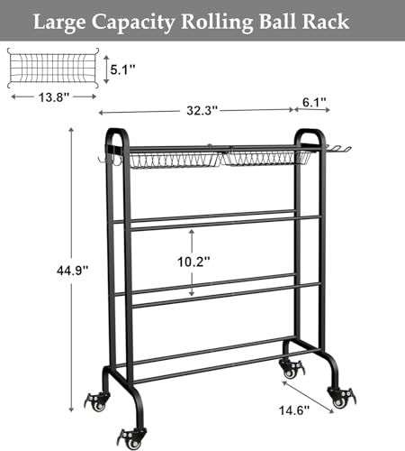 Ball Rack Organizer with Wheels, 4Tier-Rolling Basketball Racks Holder for Balls, Sports Equipment Storage Stand Organizer for Basketball, Football, Soccer and Volleyball, Black