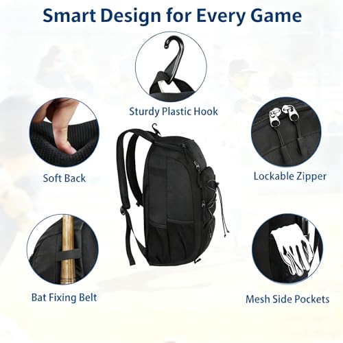 MATEIN Baseball Backpack, Softball Bat Bag with Shoes Compartment for Youth, Boys and Adult, Lightweight Baseball Bag with Fence Hook Hold TBall Bat, Batting Mitten, Helmet, Caps, Teeball Gear - color: Black, size: 29L
