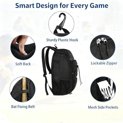 MATEIN Baseball Backpack, Softball Bat Bag with Shoes Compartment for Youth, Boys and Adult, Lightweight Baseball Bag with Fence Hook Hold TBall Bat, Batting Mitten, Helmet, Caps, Teeball Gear - color: Black, size: 29L