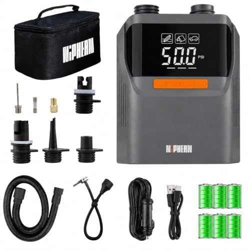 Niphean Paddle Board Electric Pump with Battery 50 PSI Rechargeable Air Pump Dual Stage Auto Inflation&Off 12V DC Car Connector Portable SUP Pump for Stand Up Paddle Board, Kayak, Tent and Tires