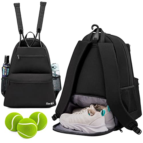 Tennis Bag Professional Tennis Backpack for Men and Women Racket Bags Holds 2 Rackets with Ventilated Shoe Compartment - color: Black with Shoes Compartment