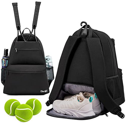 Tennis Bag Professional Tennis Backpack for Men and Women Racket Bags Holds 2 Rackets with Ventilated Shoe Compartment - color: Black with Shoes Compartment