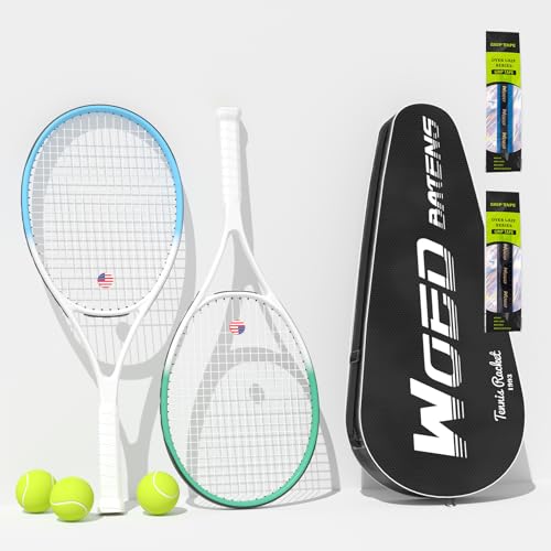 Adult 2 Player Tennis Racket Perfect for Beginner and Professional Players, 27” Speed Tennis Racquet Include Tennis Balls, Overgrips, Tennis Bag, Vibration Dampe, Cover - color: 2 Pcs White Blue Green
