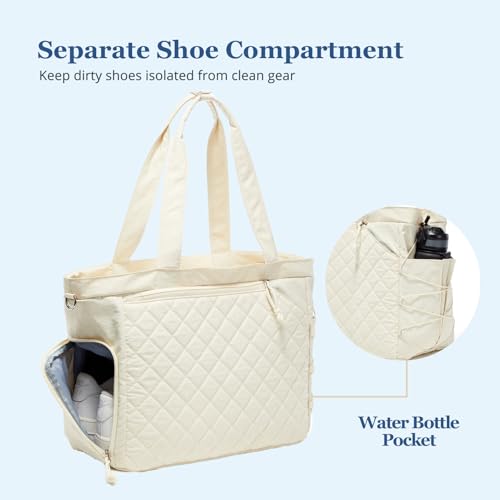 Pickleball Bag Fits 2 to 6 Paddles, Quilted Pickle ball Tote Bags for Women and Men with Shoe Compartment and Fence Hook, Great Pickleball Gifts - color: Beige