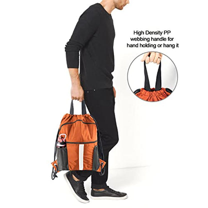 BeeGreen Drawstring Backpack Bag with Shoe Compartment, X-Large Black Gym Sports String Cinch Backpack - color: Orange