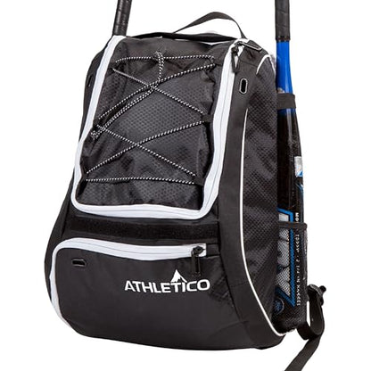 Athletico Baseball Bat Bag - Backpack for Baseball, T-Ball & Softball Equipment & Gear for Youth and Adults | Holds Bat, Helmet, Glove, & Shoes |Shoe Compartment & Fence Hook - color: Black