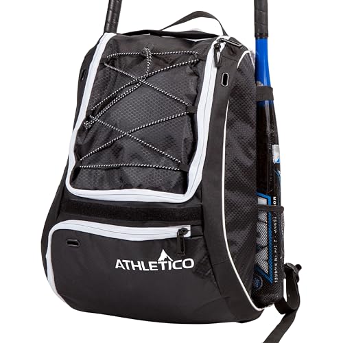 Athletico Baseball Bat Bag - Backpack for Baseball, T-Ball & Softball Equipment & Gear for Youth and Adults | Holds Bat, Helmet, Glove, & Shoes |Shoe Compartment & Fence Hook - color: Black
