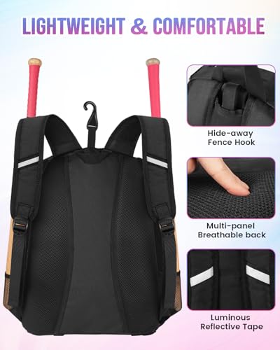 MATEIN Softball Bag, Lightweight Baseball Backpack with Shoe Compartment, Baseball Bag with Fence Hook for TBall Bat & Equipment, Softball Gifts Catchers Backpack for Women Fit Catcher’s Mitt, Helmet - color: Black - Large