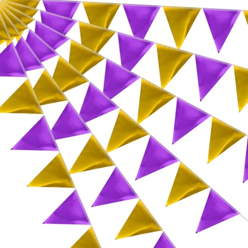 64ft Purple Gold Triangle Pennant Banner Flag Metallic Paper Bunting Garland for Hanging Backdrop Birthday Party Decorations Graduation Bachelorette Bridal Wedding Baby Shower Party Supplies - color: Purple Gold