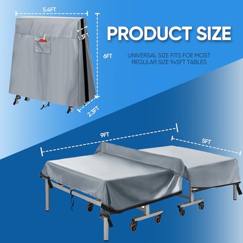 NEVERLAND Ping Pong Table Cover Outdoor Waterproof, Table Tennis Cover Indoor & Outdoor Fits Universal 9x5 FT Tables Folding & Flat Tables with Paddles Organize Bag, 600D Oxford Fabric, Gray