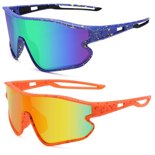 Kids Baseball Sunglasses - Youth Baseball Sunglasses for Boys Girls - Sports Softball Shades Age 6-14 - color: A8 Blue/Green Mirror + Orange/Red Mirror