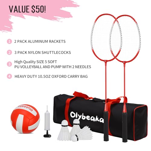 20ft Outdoor Volleyball & Badminton Combo Net Set for Backyard Beach with Adjustable Poles, Durable Anti-Sag Net, PU Volleyball, 2 Aluminum Rackets - color: Red