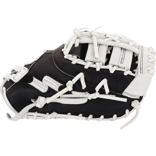 SSK FP5 Fastpitch Softball First Base Mitt 12.5” – 13” Right & Left Hand Throw Premium Full Leather Softball Glove - color: Black/White, size: 13" - Right Hand Throw