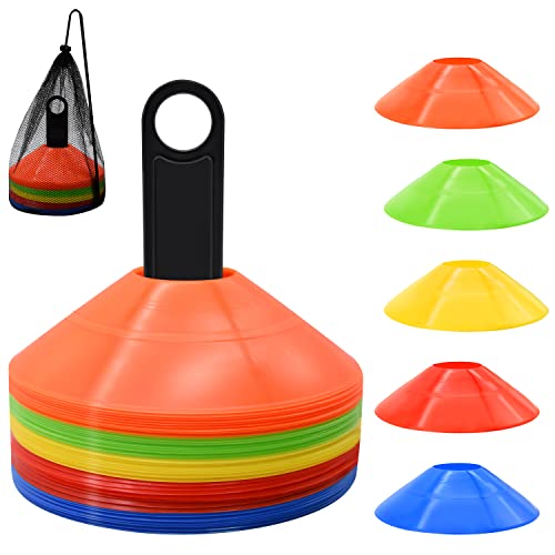 25/50/100pcs Disc Cones, Agility Soccer Cones with Carry Bag and Holder, Soccer Cones for Sports Training, Football, Soccer, Basketball, Coaching, Practice Equipment, 5 Color - color: A-50 Pack