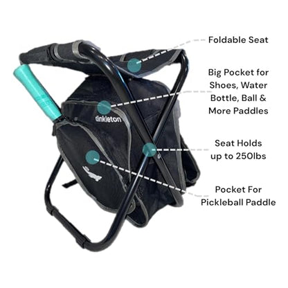 2 in 1 Pickleball Bag and Foldable Chair, Adjustable Bag with Foldable Chair, Paddle Pocket, Compartment for Shoes, Water Bottles and Extra Paddles
