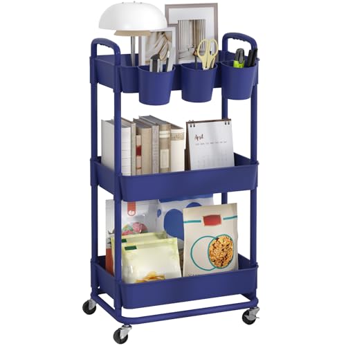 JIUYOTREE 3-Tier Plastic Rolling Storage Cart Utility Cart with Extra Hanging Cups Handles Lockable Wheels for Living Room Bathroom Kitchen Office Blue - color: Blue, size: 3-Tier