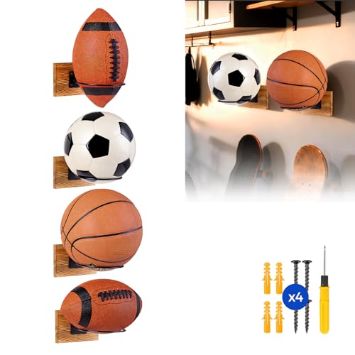 Wall Mount Ball Holder,Rustic Wood Sports Ball Storage Rack for Basketball, Soccer, Volleyball, Football - Heavy Duty Metal Display Hanger for Bedroom, Garage & Home Decor - size: 4-Pack