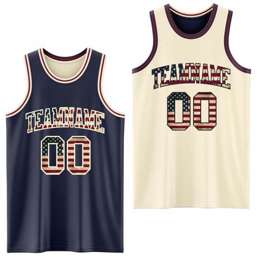 Custom Reversible Basketball Jerseys Men Youth, Personalized Sports Shirts Team Uniforms Printed Name Logo Number - color: Flag Style - Navy and Cream White