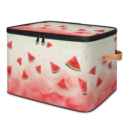 Summer Fruits Watermelon Storage Bins Storage Basket with Zipper Lid & Leather Handle Foldable Storage Box Storage Cube Bin Clothes Organizer for Clothes Books Storage Bins Decorative 10.4x14 In - color: Summer Fruits Watermelon