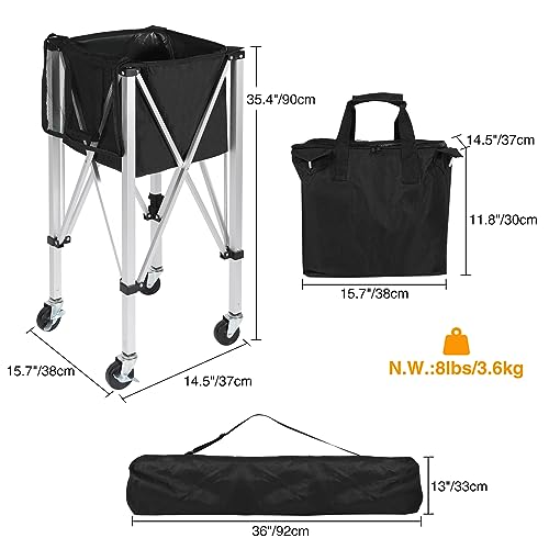 Portable Tennis Ball Hopper Holds 180 Balls, Tennis Ball Basket Cart with 4 Wheels & Brakes, Detachable Oxford Fabric Bag for Tennis and Pickleball Training, Black - color: Silver Aluminum