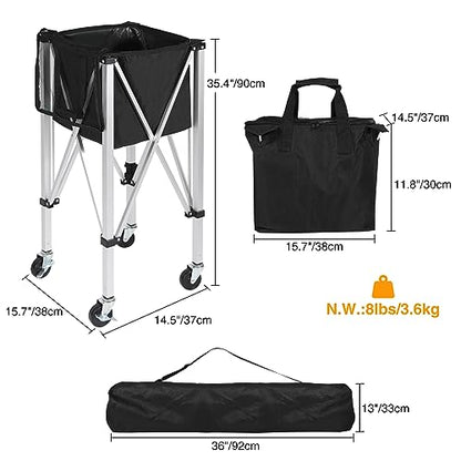 Portable Tennis Ball Hopper Holds 180 Balls, Tennis Ball Basket Cart with 4 Wheels & Brakes, Detachable Oxford Fabric Bag for Tennis and Pickleball Training, Black - color: Silver Aluminum