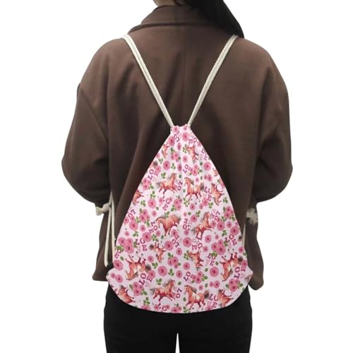Mumeson Floral Leaves Drawstring Bag Printed Satchel Bag Zipper Closure Backpack Shoulder Bag with Polyester - color: Floral Horse