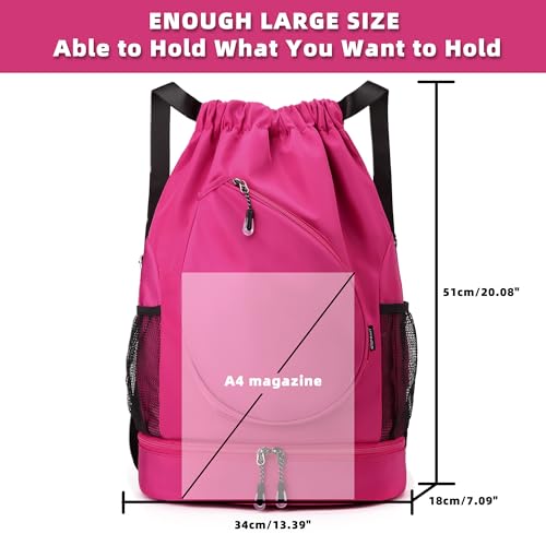 Sports Drawstring Backpack, Badminton Gym Bag Holds 2 Rackets with Shoe Compartment, Off-work, Everyday & Overnight Weekend - color: Fuchsia