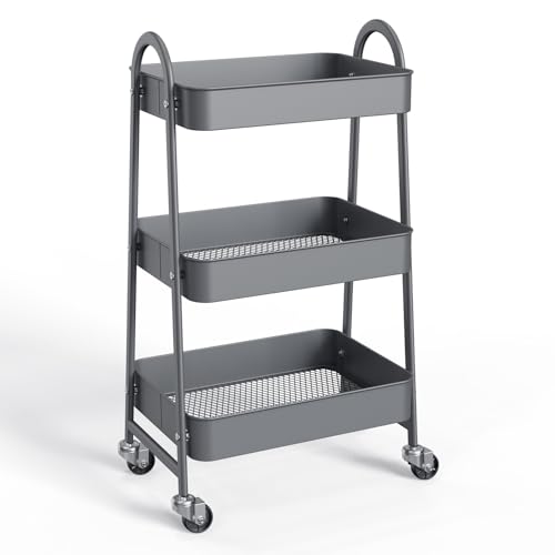 NEWBULIG 3-Tier Metal Rolling Cart with Lockable Wheels, Heavy Duty Mobile Utility Storage Shelf, Roller Book Snack Cart, Organization for Livingroom, Bathroom, Office, Grey - color: Gray, size: 3 Tier