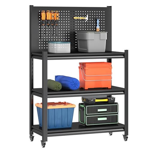48" Adjustable Workbench with Pegboard,Heavy Duty Steel Work Bench with Lockable Wheels,Metal Rolling Work Table,3-Tier Metal Tool Storage Bench for Garage,Warehouse,Workshop, Home,Basement - size: H48"-with Pegboard