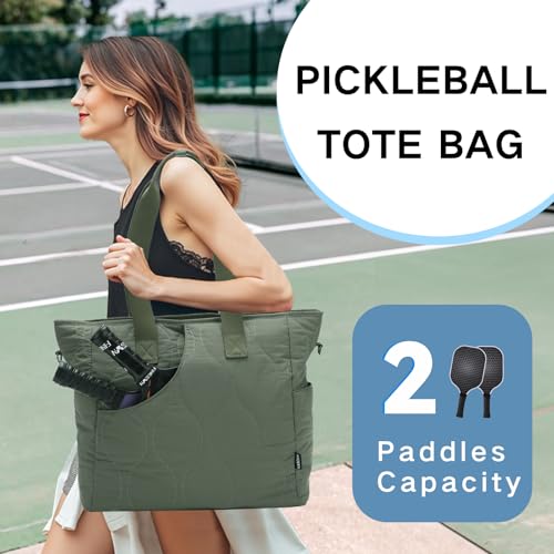 VASCHY Pickleball Tote Bags For Women With Fence Hook, Quilted Puffer Pickleball Paddle Holder Case Gym/Sports Tote - color: Dark Green