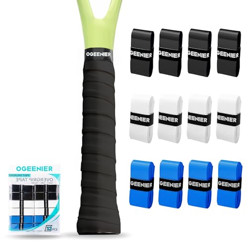 Tennis Racket Grip Tape, 3, 6, 12 Pack Tennis Overgrip Tape, Absorbent and Anti-Slip, Precut Soft Racquet Wrap Grips Tape for Pickleball Paddle/Badminton - color: Black/White/Blue, size: 12 Pack